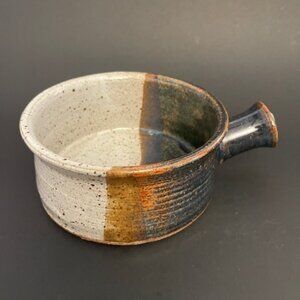 Vintage Studio Pottery Bowl with Cone Handle, Speckle Drip Glaze 6" Bowl